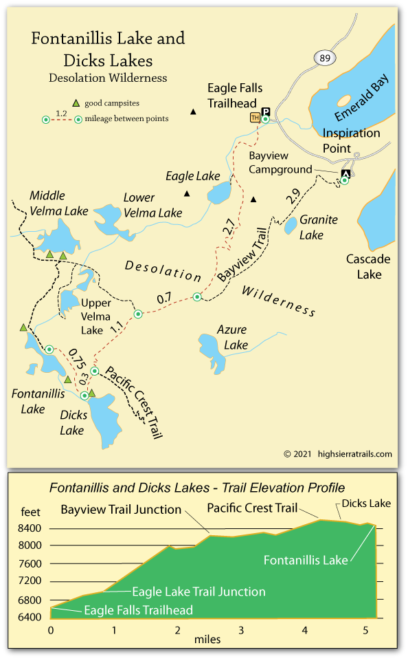 map of trail to Fontanilli Lake and Dicks Lake, Desolation Wilderness, California