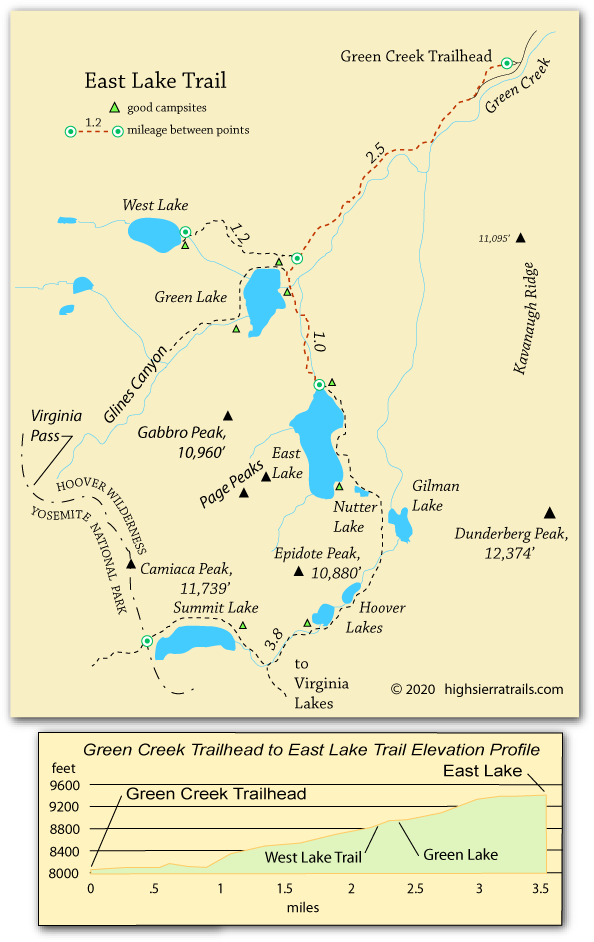 map of trail to East Lake, Hoover Wilderness, California