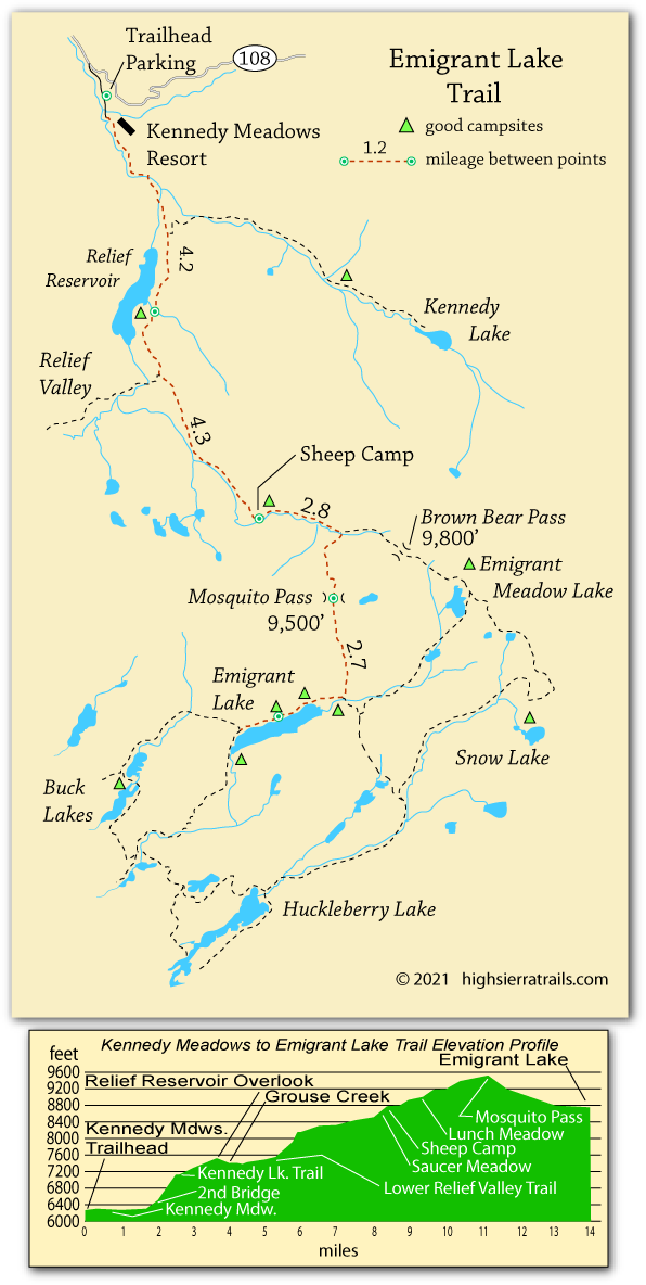 map of trail to Emigrant Lake, Emigrant Wilderness, CA