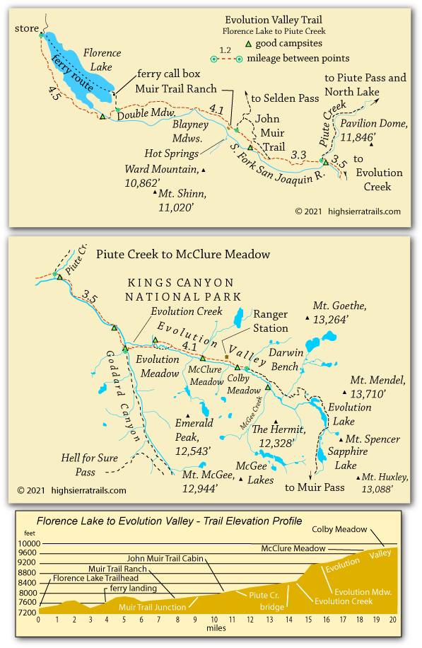 map of trail to Evolution Valley, Kings Canyon National Park, California