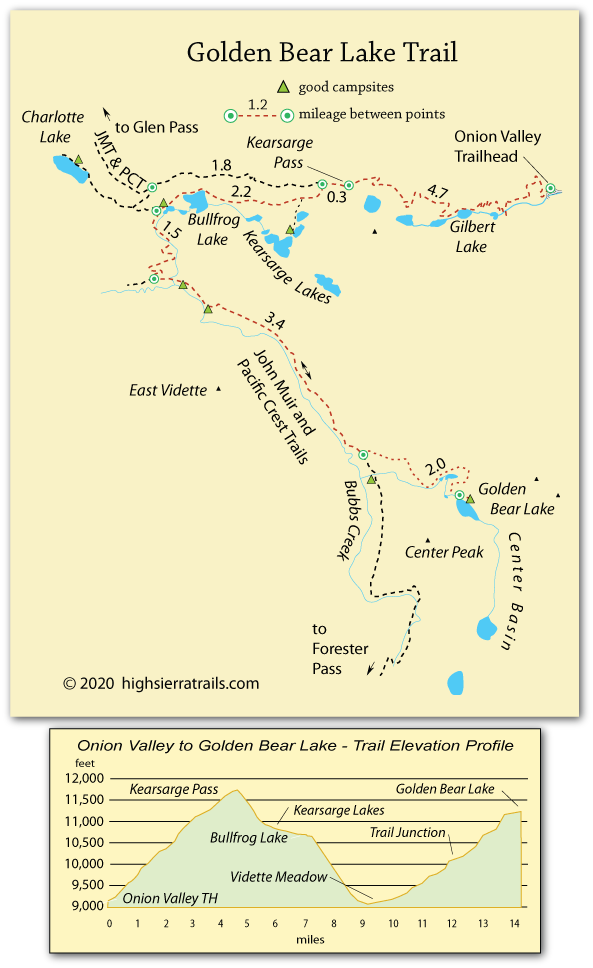 map of trail to Golden Bear Lake, Kings Canyon National Park, CA