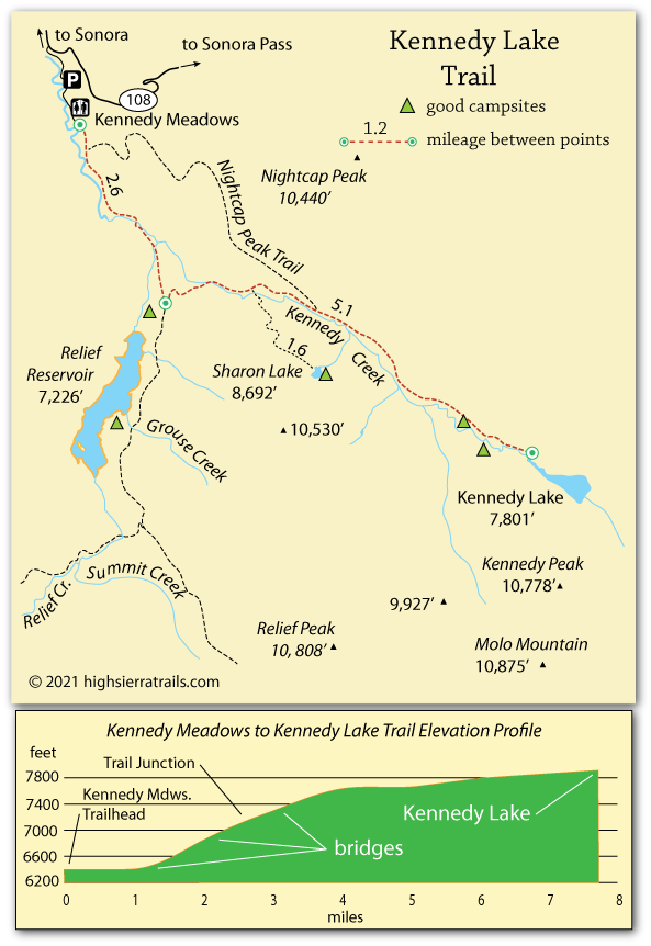 map of trail to Kennedy Lake, Emigrant Wilderness, California