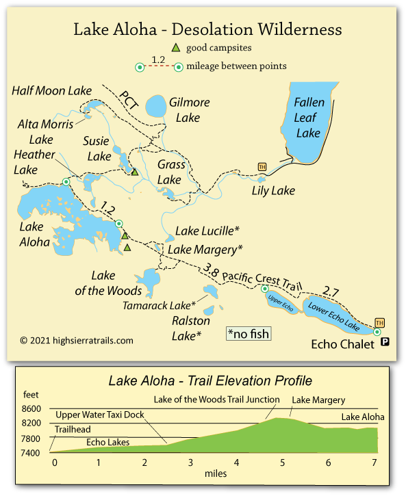 map of trail to Lake Akoha, Desolation Wilderness, California