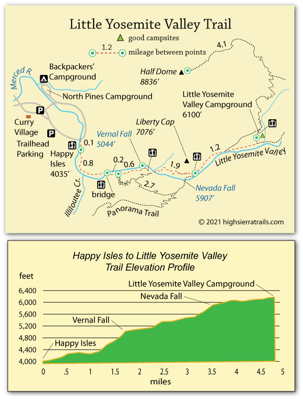 map of trail to Little Yosemite Valley, Yosemite National Park, California