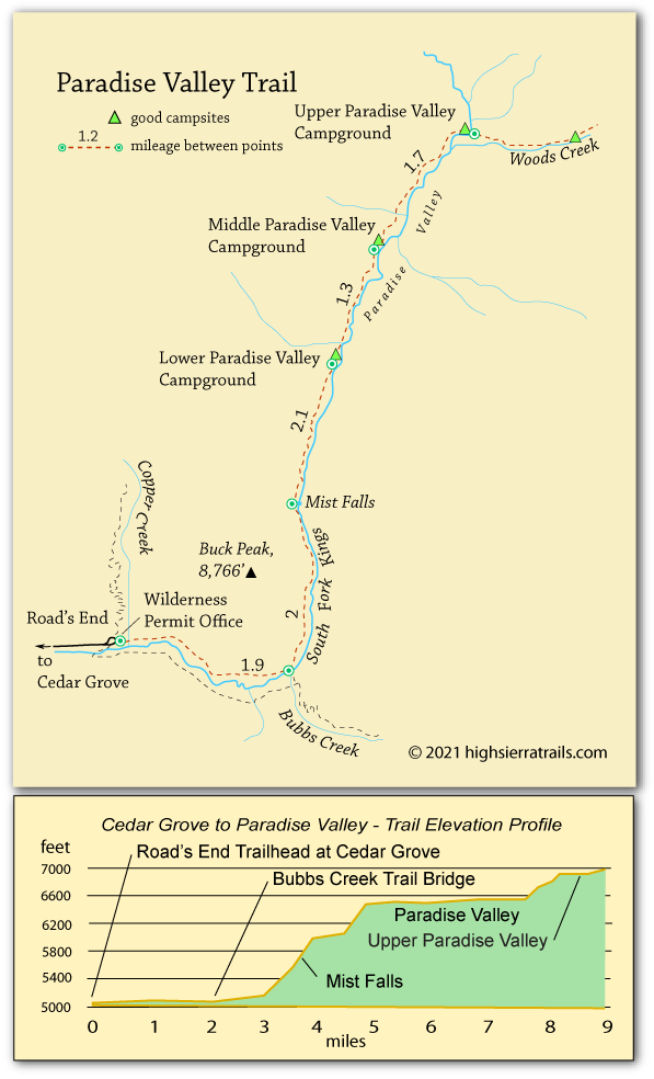 Paradise Valley trail map, Kings Canyon national park, CA