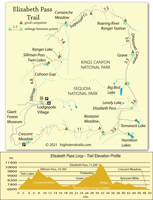 Elizabeth Pass trail map, Kings Canyon and Sequoia national parks, CA