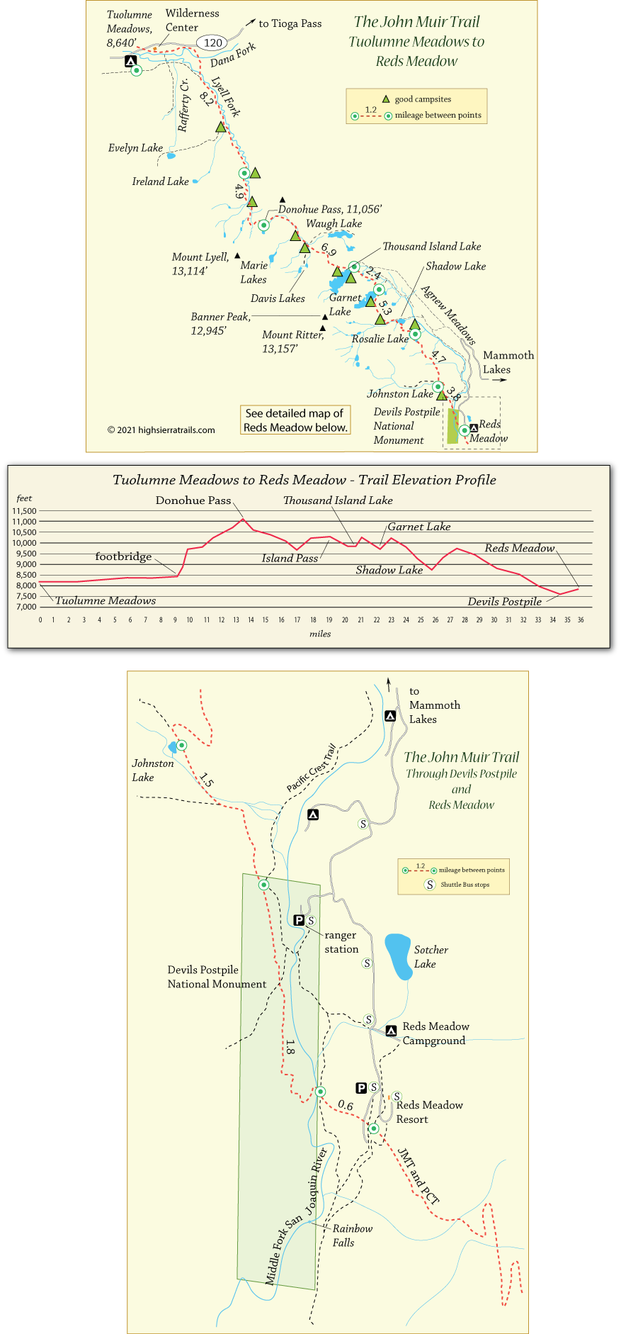 John Muir Trail Map from Tuolumne Meadows to Reds Meadow, California