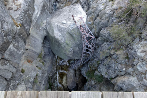 Wreckage of old bridge in Lone Pine Creek gorge, Sequoia National Park, California